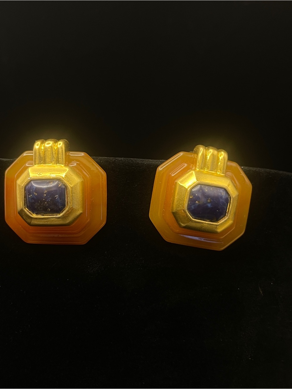 Vintage MCM Lapis Lazuli Clip On Earrings Gold Tone Geometric Octagon Unsigned